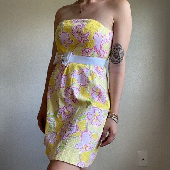 Lilly Pulitzer Strapless Y2K Cotton Yellow Floral Mini Bow Summer Dress Sz 2 - Picture 3 of 10